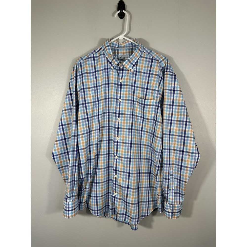 Peter Millar Men XL Button Down Shirt Blue Orange Plaid Check Cotton Long Sleeve